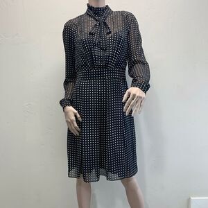 Vintage Mock Neck Polka Dot Georgette Midi Dress
